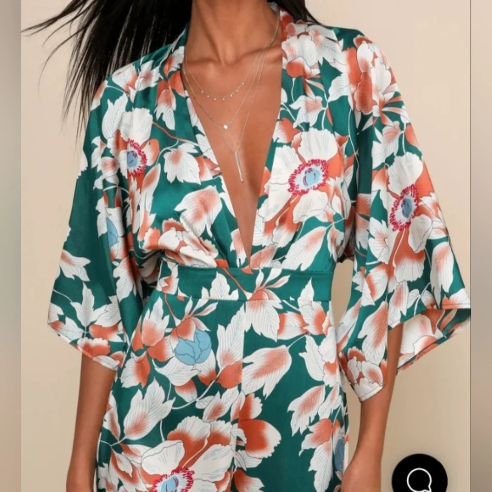 Lulu's Teal and Cream Floral Long Sleeve Dress
